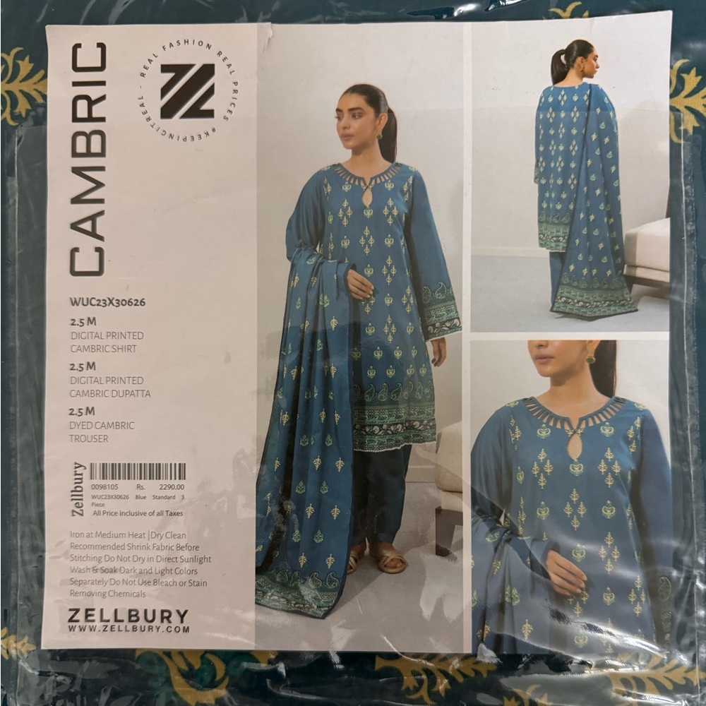 Unstitched 3pc zellbury cambric outfit
